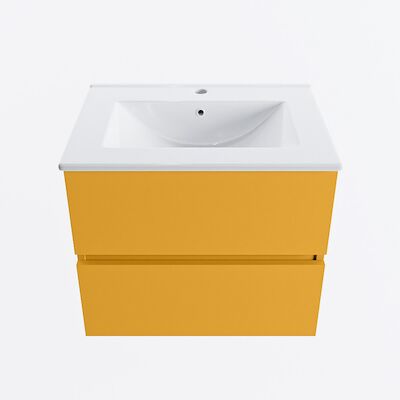 MONDIAZ VICA 60cm badmeubel onderkast Ocher 2 lades. Wastafel DENIA midden 1 kraangat, kleur Glanzend Wit.