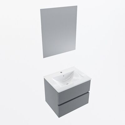 MONDIAZ VICA 60cm badmeubel onderkast Plata 2 lades. Wastafel Denia midden 1 kraangat, kleur Glanzend Wit met spiegel LED.