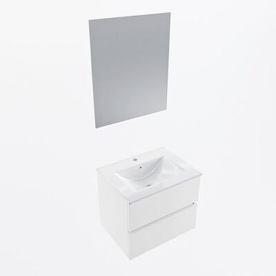 MONDIAZ VICA 60cm badmeubel onderkast Talc 2 lades. Wastafel Denia midden 1 kraangat, kleur Glanzend Wit met spiegel LED.