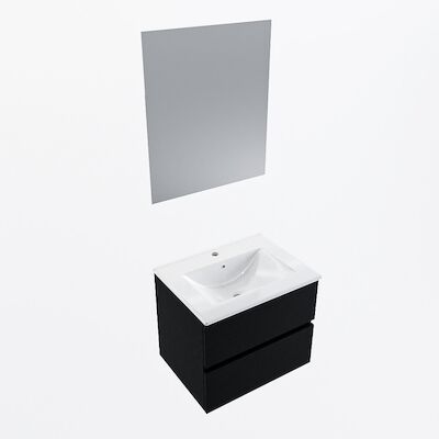 MONDIAZ VICA 60cm badmeubel onderkast Urban 2 lades. Wastafel Denia midden 1 kraangat, kleur Glanzend Wit met spiegel LED.