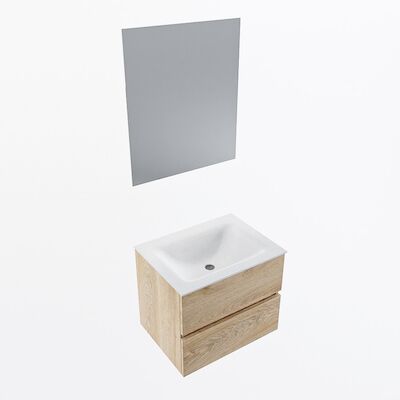 MONDIAZ VICA 60cm badmeubel onderkast Washed Oak 2 lades. Wastafel CLOUD midden 1 kraangat, kleur Talc met spiegel LED.