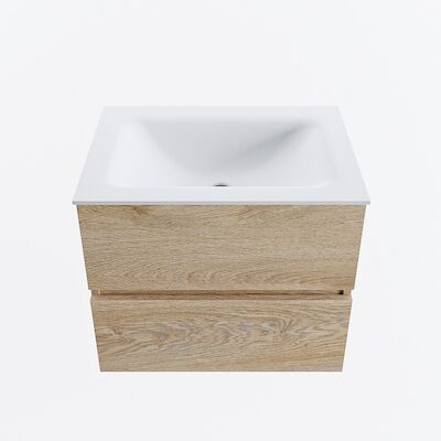 MONDIAZ VICA 60cm badmeubel onderkast Washed Oak 2 lades. Wastafel CLOUD midden zonder kraangat, kleur Talc.