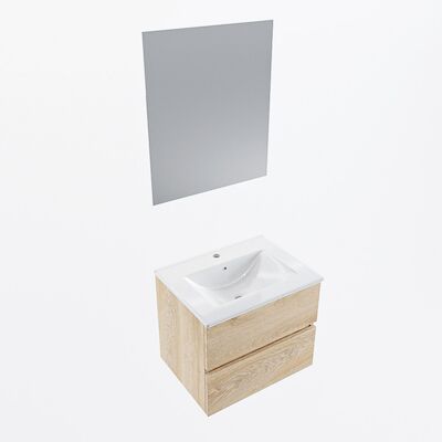 MONDIAZ VICA 60cm badmeubel onderkast Washed Oak 2 lades. Wastafel Denia midden 1 kraangat, kleur Glanzend Wit met spiegel LED.