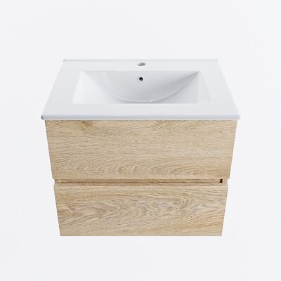 MONDIAZ VICA 60cm badmeubel onderkast Washed Oak 2 lades. Wastafel DENIA midden 1 kraangat, kleur Glanzend Wit.