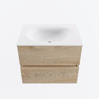 MONDIAZ VICA 60cm badmeubel onderkast Washed Oak 2 lades. Wastafel MOON midden 1 kraangat, kleur Talc.