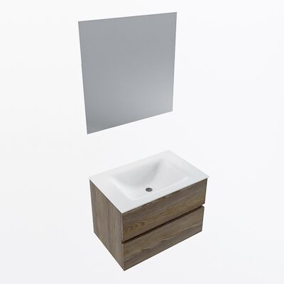 MONDIAZ VICA 70cm badmeubel onderkast Dark Brown Grey 2 lades. Wastafel CLOUD midden 1 kraangat, kleur Talc met spiegel LED.