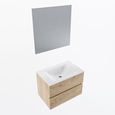 MONDIAZ VICA 70cm badmeubel onderkast Washed Oak 2 lades. Wastafel CLOUD midden zonder kraangat, kleur Talc met spiegel LED.