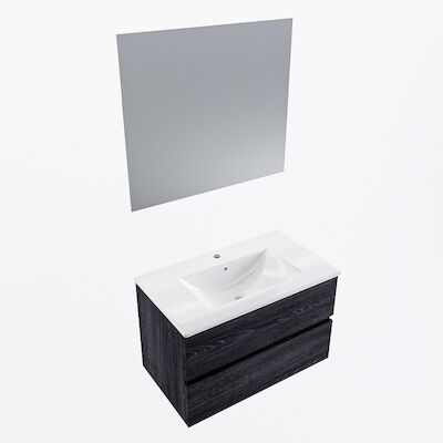 MONDIAZ VICA 80cm badmeubel onderkast Antracite 2 lades. Wastafel Denia midden 1 kraangat, kleur Glanzend Wit met spiegel LED.