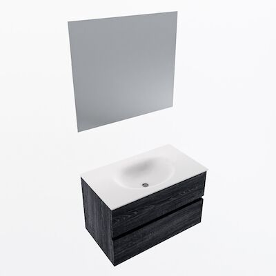 MONDIAZ VICA 80cm badmeubel onderkast Antracite 2 lades. Wastafel Moon midden zonder kraangat, kleur Talc met spiegel LED.