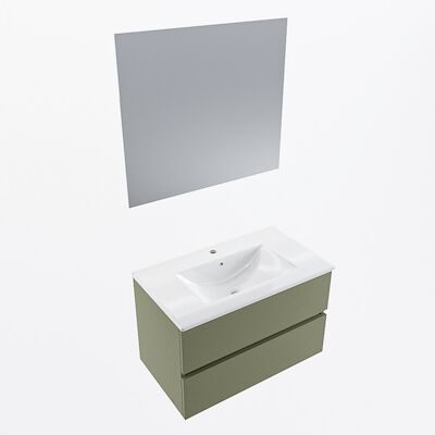 MONDIAZ VICA 80cm badmeubel onderkast Army 2 lades. Wastafel Denia midden 1 kraangat, kleur Glanzend Wit met spiegel LED.