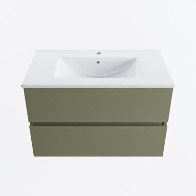 MONDIAZ VICA 80cm badmeubel onderkast Army 2 lades. Wastafel DENIA midden 1 kraangat, kleur Glanzend Wit.