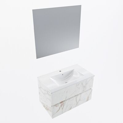 MONDIAZ VICA 80cm badmeubel onderkast Carrara 2 lades. Wastafel Denia midden 1 kraangat, kleur Glanzend Wit met spiegel LED.