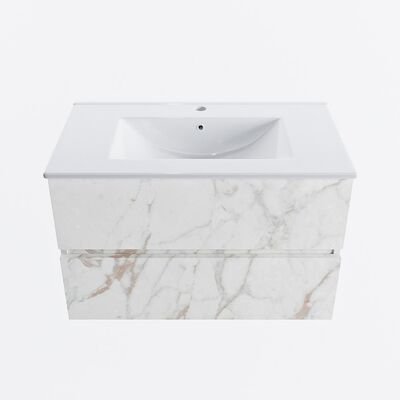 MONDIAZ VICA 80cm badmeubel onderkast Carrara 2 lades. Wastafel DENIA midden 1 kraangat, kleur Glanzend Wit.