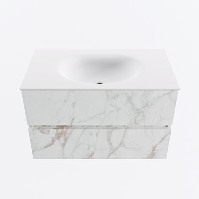 MONDIAZ VICA 80cm badmeubel onderkast Carrara 2 lades. Wastafel MOON midden zonder kraangat, kleur Talc.