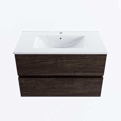 MONDIAZ VICA 80cm badmeubel onderkast Dark Brown 2 lades. Wastafel DENIA midden 1 kraangat, kleur Glanzend Wit.