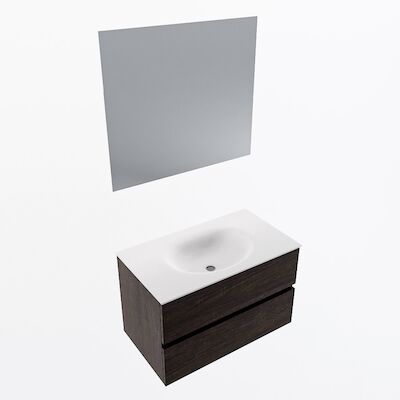 MONDIAZ VICA 80cm badmeubel onderkast Dark Brown 2 lades. Wastafel Moon midden 1 kraangat, kleur Talc met spiegel LED.