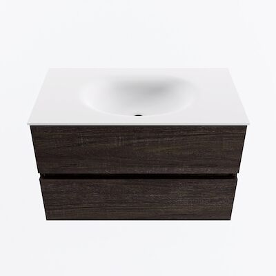 MONDIAZ VICA 80cm badmeubel onderkast Dark Brown 2 lades. Wastafel MOON midden 1 kraangat, kleur Talc.