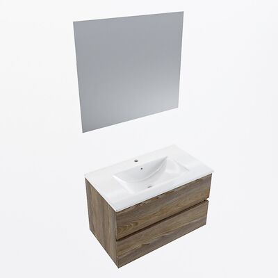 MONDIAZ VICA 80cm badmeubel onderkast Dark Brown Grey 2 lades. Wastafel Denia midden 1 kraangat, kleur Glanzend Wit met spiegel LED.