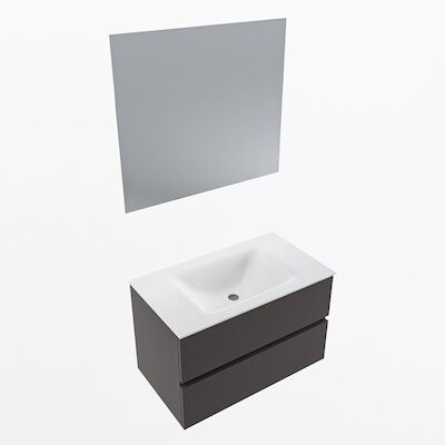 MONDIAZ VICA 80cm badmeubel onderkast Dark Grey 2 lades. Wastafel CLOUD midden zonder kraangat, kleur Talc met spiegel LED.