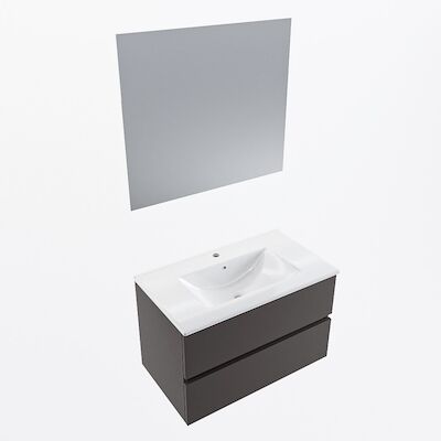 MONDIAZ VICA 80cm badmeubel onderkast Dark Grey 2 lades. Wastafel Denia midden 1 kraangat, kleur Glanzend Wit met spiegel LED.