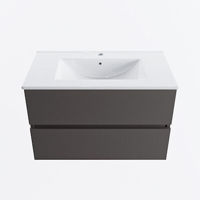 MONDIAZ VICA 80cm badmeubel onderkast Dark Grey 2 lades. Wastafel DENIA midden 1 kraangat, kleur Glanzend Wit.