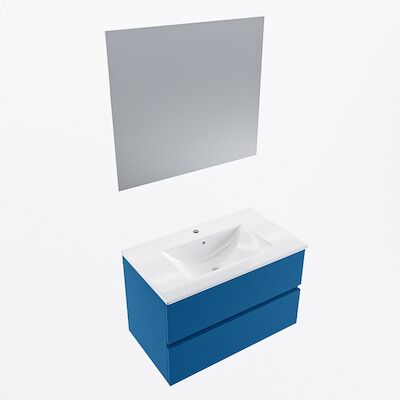 MONDIAZ VICA 80cm badmeubel onderkast Jeans 2 lades. Wastafel Denia midden 1 kraangat, kleur Glanzend Wit met spiegel LED.