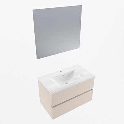MONDIAZ VICA 80cm badmeubel onderkast Linen 2 lades. Wastafel Denia midden 1 kraangat, kleur Glanzend Wit met spiegel LED.