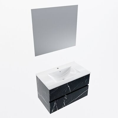 MONDIAZ VICA 80cm badmeubel onderkast Marquina 2 lades. Wastafel Denia midden 1 kraangat, kleur Glanzend Wit met spiegel LED.
