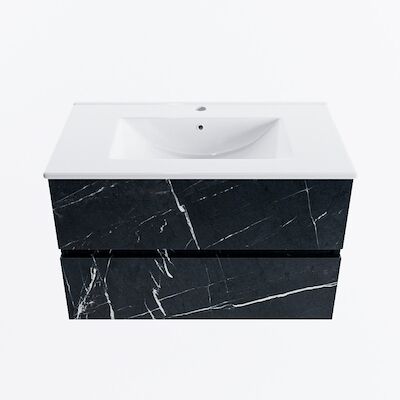 MONDIAZ VICA 80cm badmeubel onderkast Marquina 2 lades. Wastafel DENIA midden 1 kraangat, kleur Glanzend Wit.