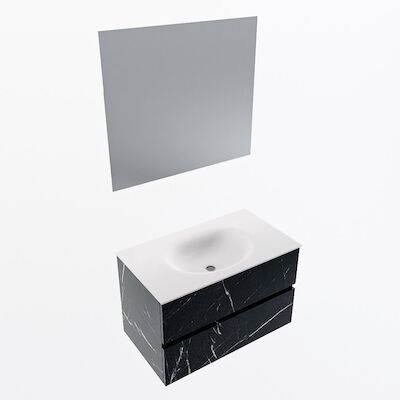 MONDIAZ VICA 80cm badmeubel onderkast Marquina 2 lades. Wastafel Moon midden 1 kraangat, kleur Talc met spiegel LED.
