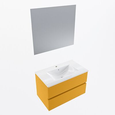 MONDIAZ VICA 80cm badmeubel onderkast Ocher 2 lades. Wastafel Denia midden 1 kraangat, kleur Glanzend Wit met spiegel LED.