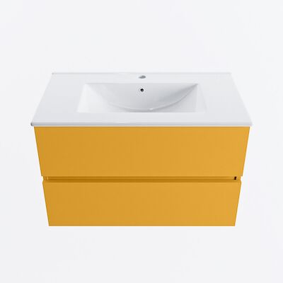MONDIAZ VICA 80cm badmeubel onderkast Ocher 2 lades. Wastafel DENIA midden 1 kraangat, kleur Glanzend Wit.