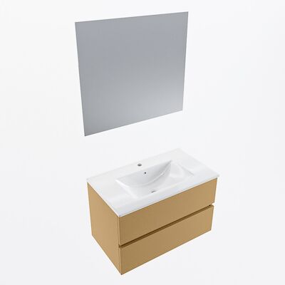 MONDIAZ VICA 80cm badmeubel onderkast Oro 2 lades. Wastafel Denia midden 1 kraangat, kleur Glanzend Wit met spiegel LED.