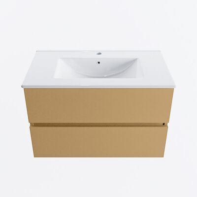 MONDIAZ VICA 80cm badmeubel onderkast Oro 2 lades. Wastafel DENIA midden 1 kraangat, kleur Glanzend Wit.