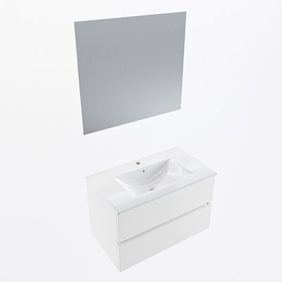MONDIAZ VICA 80cm badmeubel onderkast Talc 2 lades. Wastafel Denia midden 1 kraangat, kleur Glanzend Wit met spiegel LED.