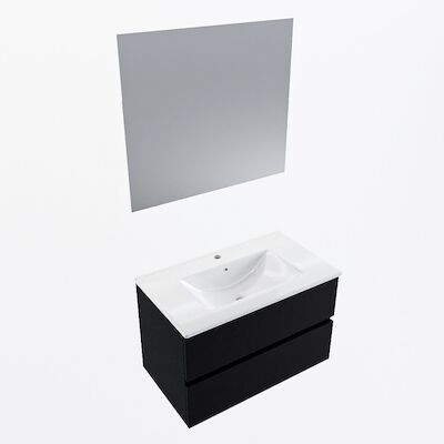MONDIAZ VICA 80cm badmeubel onderkast Urban 2 lades. Wastafel Denia midden 1 kraangat, kleur Glanzend Wit met spiegel LED.
