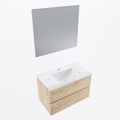 MONDIAZ VICA 80cm badmeubel onderkast Washed Oak 2 lades. Wastafel Denia midden 1 kraangat, kleur Glanzend Wit met spiegel LED.