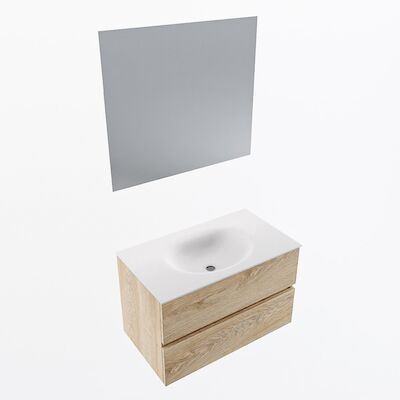 MONDIAZ VICA 80cm badmeubel onderkast Washed Oak 2 lades. Wastafel Moon midden zonder kraangat, kleur Talc met spiegel LED.