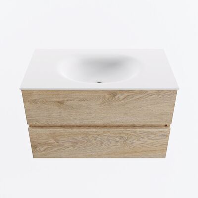 MONDIAZ VICA 80cm badmeubel onderkast Washed Oak 2 lades. Wastafel MOON midden zonder kraangat, kleur Talc.