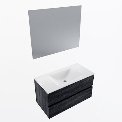 MONDIAZ VICA 90cm badmeubel onderkast Antracite 2 lades. Wastafel CLOUD midden 1 kraangat, kleur Talc met spiegel LED.