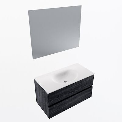 MONDIAZ VICA 90cm badmeubel onderkast Antracite 2 lades. Wastafel Moon midden zonder kraangat, kleur Talc met spiegel LED.