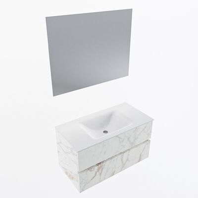 MONDIAZ VICA 90cm badmeubel onderkast Carrara 2 lades. Wastafel CLOUD midden 1 kraangat, kleur Talc met spiegel LED.