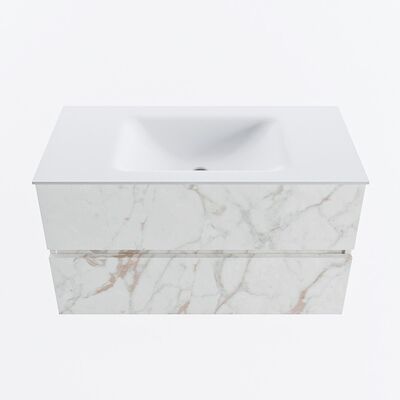 MONDIAZ VICA 90cm badmeubel onderkast Carrara 2 lades. Wastafel CLOUD midden 1 kraangat, kleur Talc.