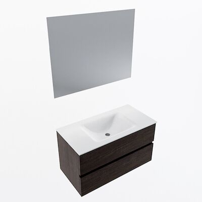 MONDIAZ VICA 90cm badmeubel onderkast Dark Brown 2 lades. Wastafel CLOUD midden zonder kraangat, kleur Talc met spiegel LED.
