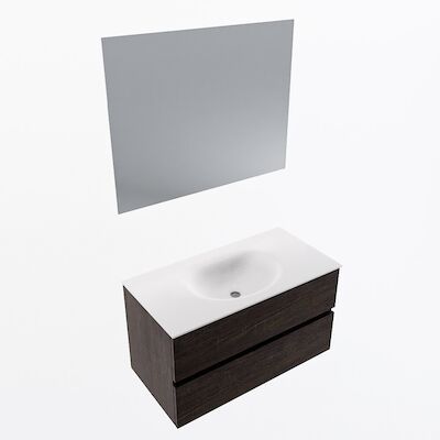 MONDIAZ VICA 90cm badmeubel onderkast Dark Brown 2 lades. Wastafel Moon midden 1 kraangat, kleur Talc met spiegel LED.