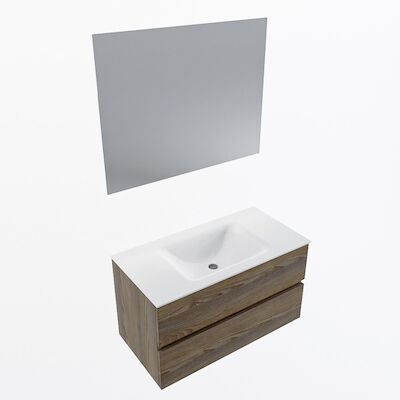 MONDIAZ VICA 90cm badmeubel onderkast Dark Brown Grey 2 lades. Wastafel CLOUD midden 1 kraangat, kleur Talc met spiegel LED.