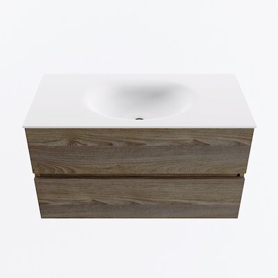 MONDIAZ VICA 90cm badmeubel onderkast Dark Brown Grey 2 lades. Wastafel MOON midden zonder kraangat, kleur Talc.