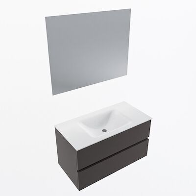 MONDIAZ VICA 90cm badmeubel onderkast Dark Grey 2 lades. Wastafel CLOUD midden 1 kraangat, kleur Talc met spiegel LED.