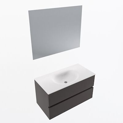 MONDIAZ VICA 90cm badmeubel onderkast Dark Grey 2 lades. Wastafel Moon midden zonder kraangat, kleur Talc met spiegel LED.