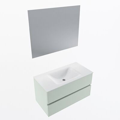MONDIAZ VICA 90cm badmeubel onderkast Greey 2 lades. Wastafel CLOUD midden 1 kraangat, kleur Talc met spiegel LED.